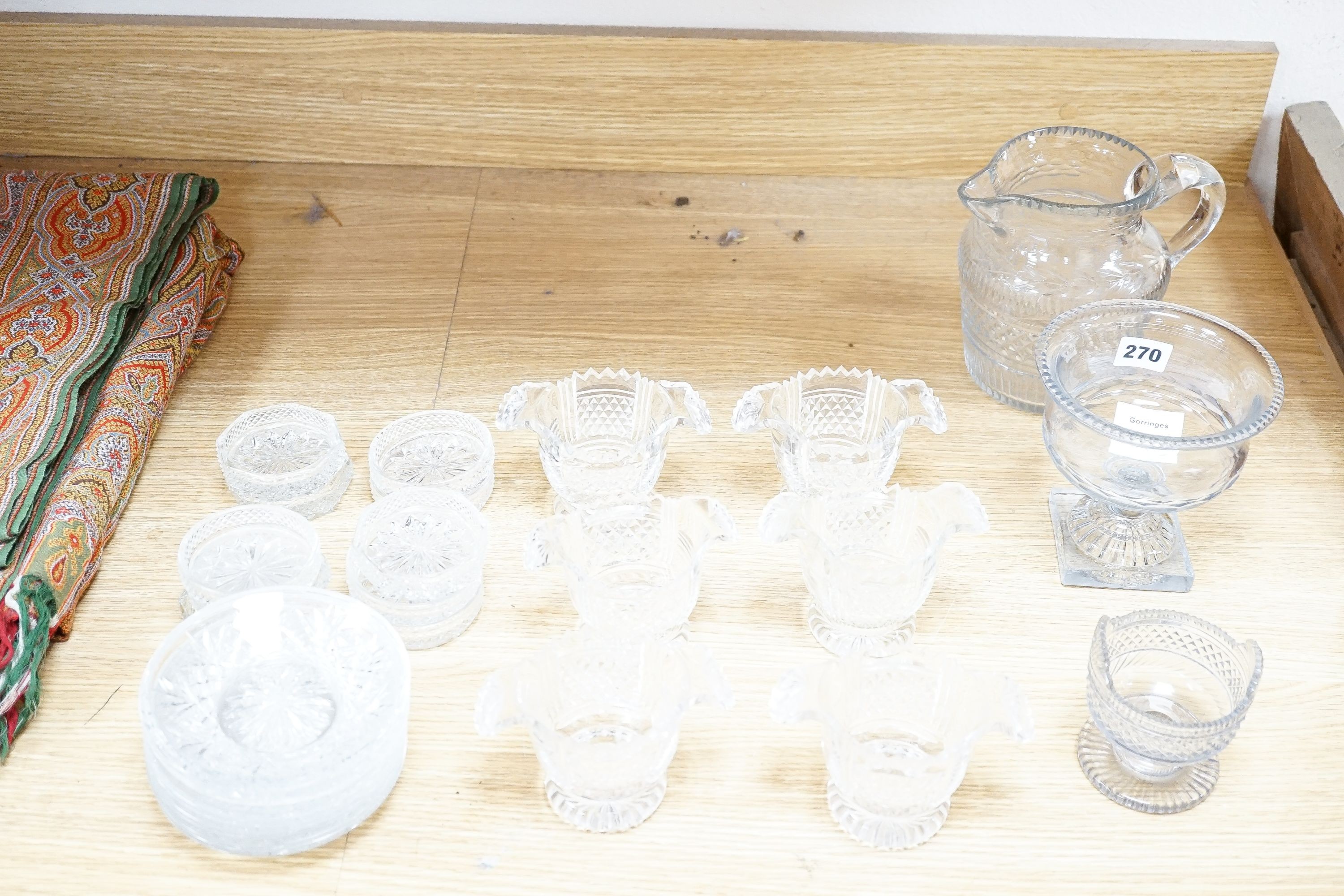 19th century and later deep cut glassware, including a set of six rinsers with turnover handles, 8cm high
